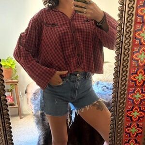 Vintage red and black Plaid Button-Up Women's crop Top